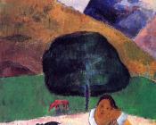 保罗 高更 : Landscape with Black Pigs and a Crouching Tahitian